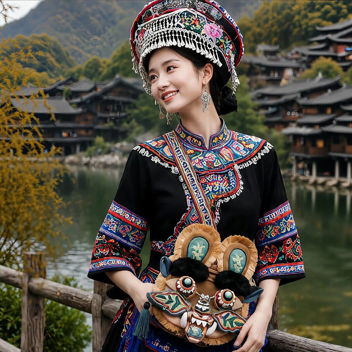 Chinese folk art intangible cultural heritage tiger head crossbody bag
