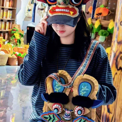 Chinese folk art intangible cultural heritage tiger head crossbody bag